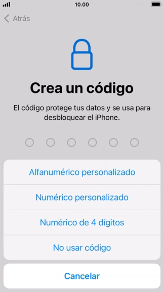 Sigue las indicaciones de la pantalla para activar el uso del código de seguridad o pulsa No usar código.
