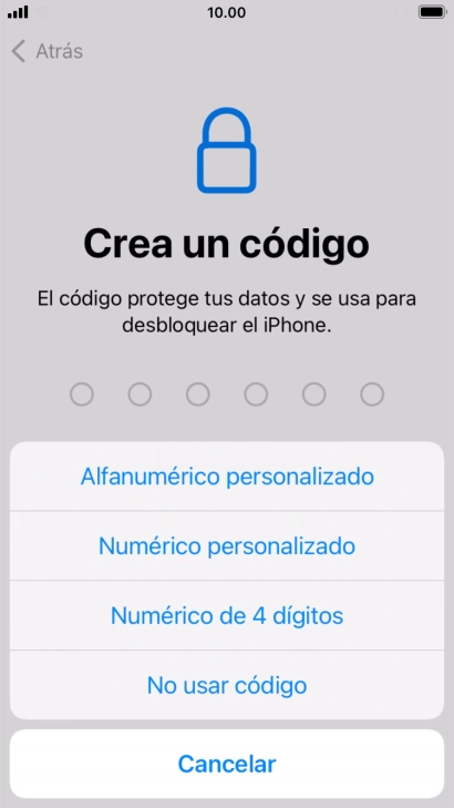 Sigue las indicaciones de la pantalla para activar el uso del código de seguridad o pulsa No usar código.