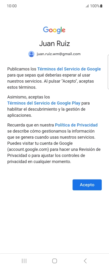 Pulsa Acepto y sigue las indicaciones de la pantalla para seleccionar los ajustes de tu cuenta de Google.