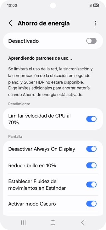Pulsa el indicador junto a los ajustes deseados para activarlos o desactivarlos.