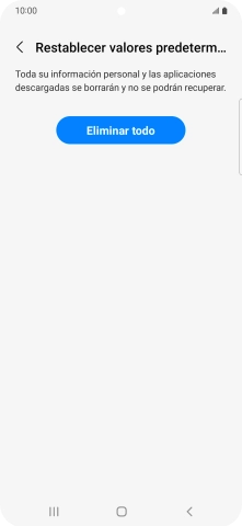 Pulsa Eliminar todo. Espera unos instantes mientras el teléfono restablece la configuración predeterminada. Sigue las indicaciones de la pantalla para configurar el teléfono y dejarlo listo para su uso.