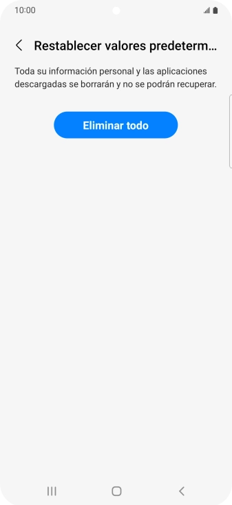 Pulsa Eliminar todo. Espera unos instantes mientras el teléfono restablece la configuración predeterminada. Sigue las indicaciones de la pantalla para configurar el teléfono y dejarlo listo para su uso.