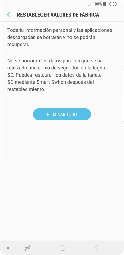 Pulsa ELIMINAR TODO. Espera unos instantes mientras el teléfono restablece la configuración predeterminada. Sigue las indicaciones de la pantalla para configurar el teléfono y dejarlo listo para su uso.