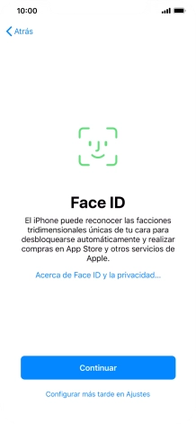 Sigue las indicaciones de la pantalla para activar el uso del reconocimiento facial (Face ID) o pulsa Configurar más tarde en Ajustes.