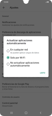 Para activar la actualización automática de apps utilizando la red móvil, pulsa En cualquier red.