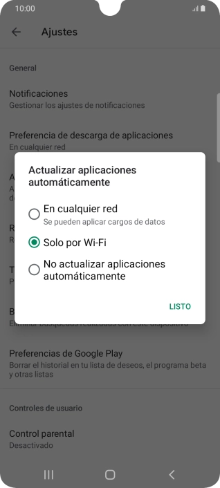 Para activar la actualización automática de apps utilizando la red móvil, pulsa En cualquier red.