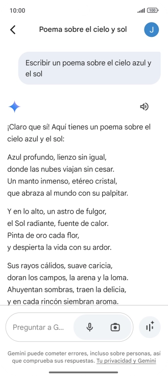 A Gemini le puedes pedir que genere un texto a partir de una descripción tuya.