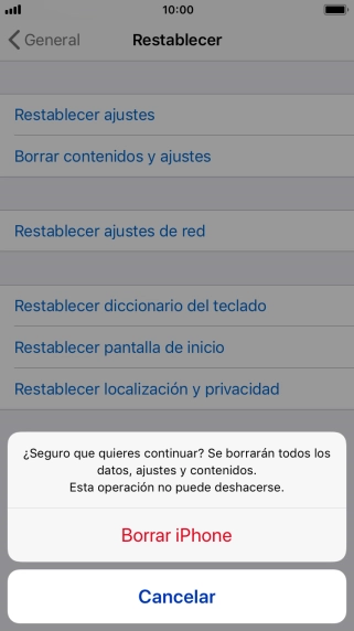 Pulsa Borrar iPhone. Espera unos instantes mientras el teléfono restablece la configuración predeterminada. Sigue las indicaciones de la pantalla para configurar el teléfono y dejarlo listo para su uso.