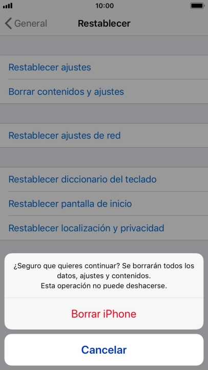 Pulsa Borrar iPhone. Espera unos instantes mientras el teléfono restablece la configuración predeterminada. Sigue las indicaciones de la pantalla para configurar el teléfono y dejarlo listo para su uso.