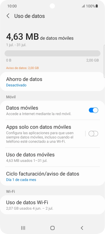 El consumo total de datos se visualiza ahora en la pantalla.