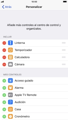 Pulsa el icono de eliminar junto a la función deseada para eliminarla del Centro de control.