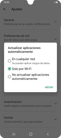 Para activar la actualización automática de apps utilizando la red móvil, pulsa En cualquier red.