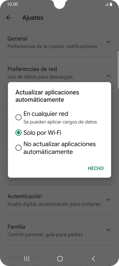 Para activar la actualización automática de apps utilizando la red móvil, pulsa En cualquier red.