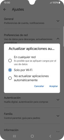 Para activar la actualización automática de apps utilizando la red móvil, pulsa En cualquier red.
