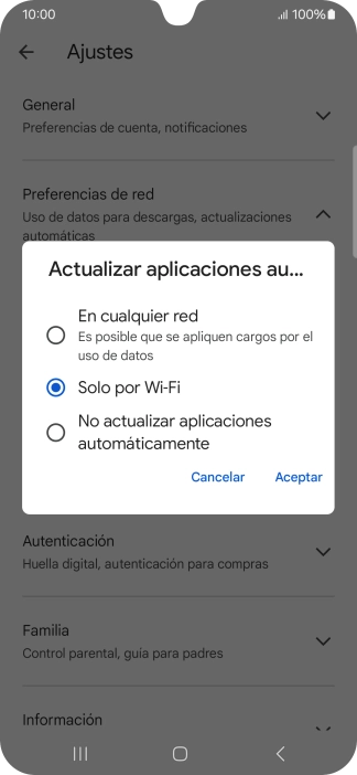 Para activar la actualización automática de apps utilizando la red móvil, pulsa En cualquier red.
