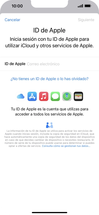Si no tienes un ID de Apple, pulsa ¿No tienes un ID de Apple o lo has olvidado? y sigue las indicaciones de la pantalla para ver cómo crear un ID de Apple.