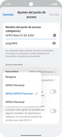Pulsa WPA3-Personal para proteger la conexión wifi con una contraseña.