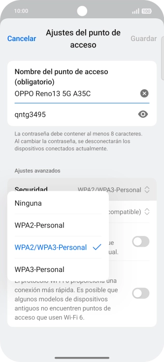 Pulsa WPA3-Personal para proteger la conexión wifi con una contraseña.