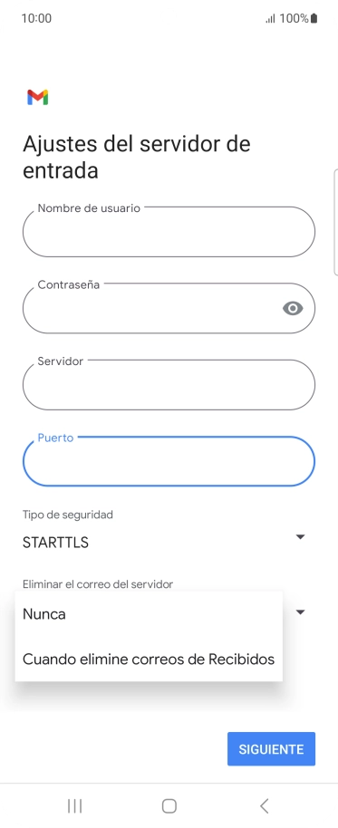 Pulsa Nunca para conservar los correos electrónicos en el servidor cuando los borras del teléfono.