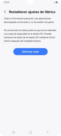 Pulsa Eliminar todo. Espera unos instantes mientras el teléfono restablece la configuración predeterminada. Sigue las indicaciones de la pantalla para configurar el teléfono y dejarlo listo para su uso.