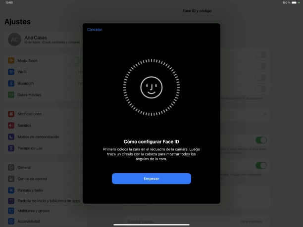 Pulsa Empezar y sigue las indicaciones de la pantalla para crear un código de seguridad con la función de reconocimiento facial (Face ID).