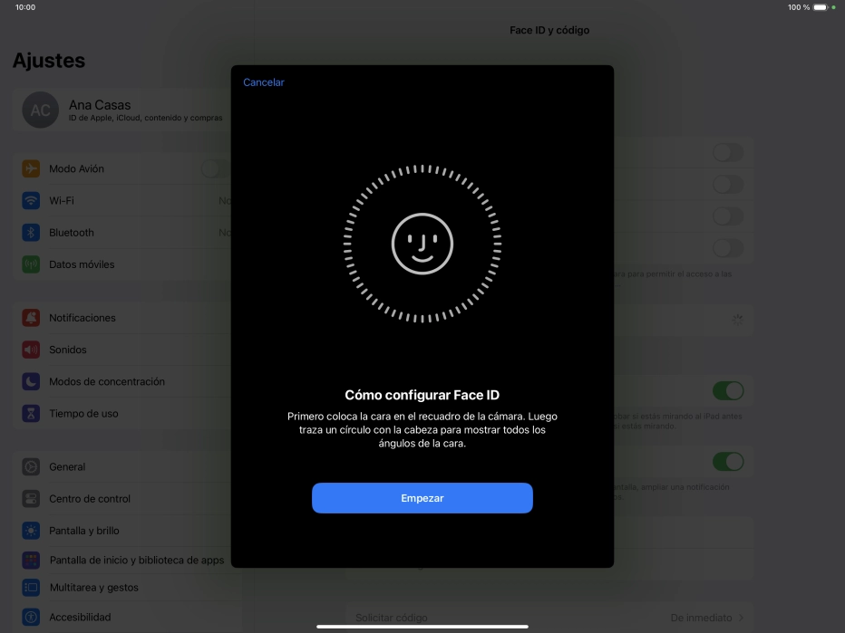 Pulsa Empezar y sigue las indicaciones de la pantalla para crear un código de seguridad con la función de reconocimiento facial (Face ID).