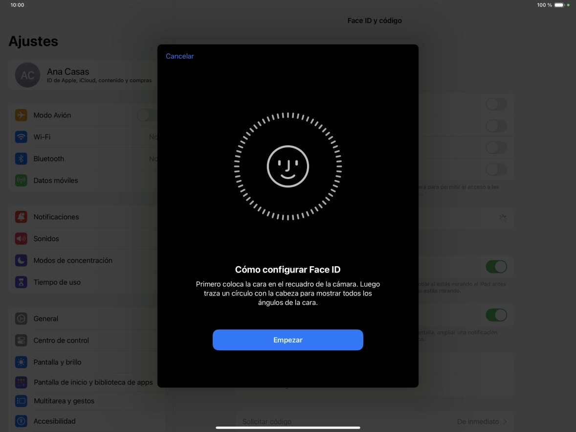 Pulsa Empezar y sigue las indicaciones de la pantalla para crear un código de seguridad con la función de reconocimiento facial (Face ID).