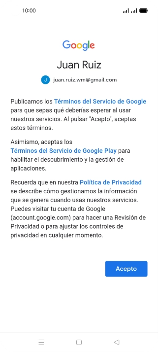 Pulsa Acepto y sigue las indicaciones de la pantalla para seleccionar los ajustes de tu cuenta de Google.