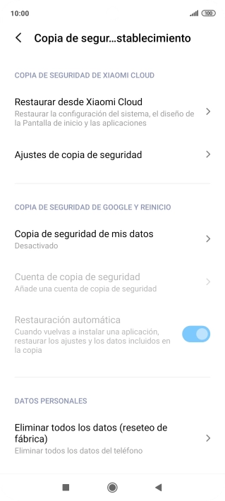 Pulsa Eliminar todos los datos (reseteo de fábrica).