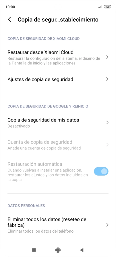 Pulsa Eliminar todos los datos (reseteo de fábrica).