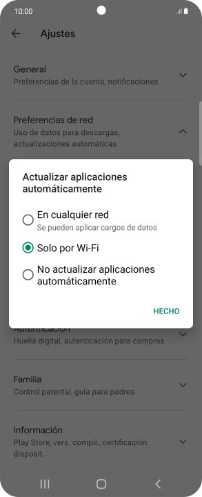 Para activar la actualización automática de apps utilizando la red móvil, pulsa En cualquier red.