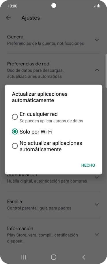 Para activar la actualización automática de apps utilizando la red móvil, pulsa En cualquier red.
