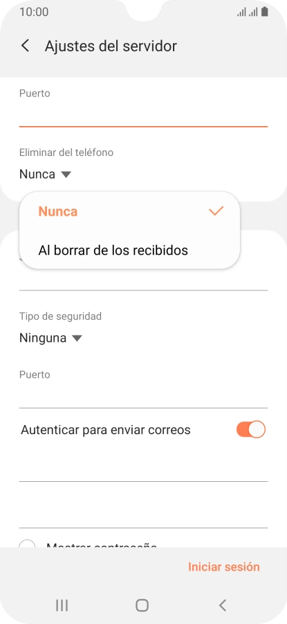 Pulsa Nunca para conservar los correos electrónicos en el servidor cuando los borras del teléfono.
