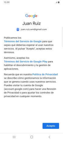 Pulsa Acepto y sigue las indicaciones de la pantalla para seleccionar los ajustes de tu cuenta de Google.