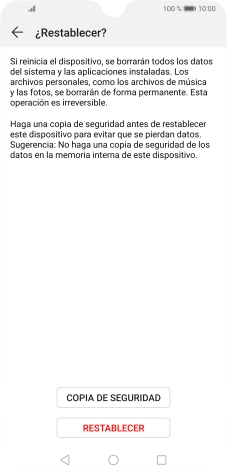 Pulsa RESTABLECER. Espera unos instantes mientras el teléfono restablece la configuración predeterminada. Sigue las indicaciones de la pantalla para configurar el teléfono y dejarlo listo para su uso.