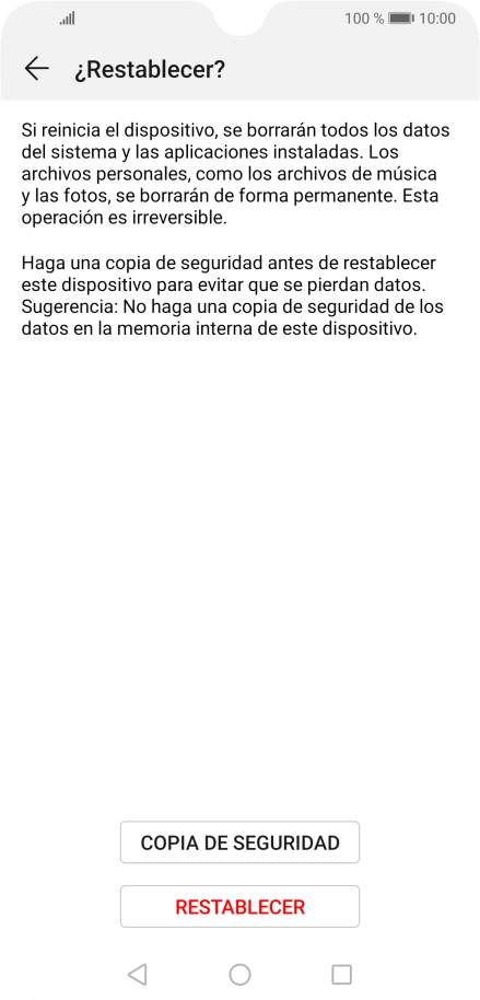 Pulsa RESTABLECER. Espera unos instantes mientras el teléfono restablece la configuración predeterminada. Sigue las indicaciones de la pantalla para configurar el teléfono y dejarlo listo para su uso.