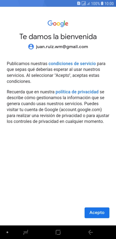 Pulsa Acepto y sigue las indicaciones de la pantalla para seleccionar los ajustes de tu cuenta de Google.