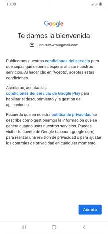 Pulsa Acepto y sigue las indicaciones de la pantalla para seleccionar los ajustes de tu cuenta de Google.