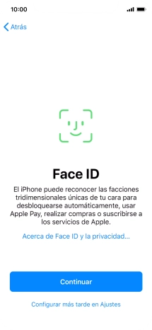 Sigue las indicaciones de la pantalla para activar el uso del reconocimiento facial (Face ID) o pulsa Configurar más tarde en Ajustes.