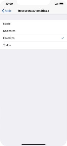 Pulsa el ajuste deseado para seleccionar qué contactos deben recibir un mensaje automático indicando que la función de 