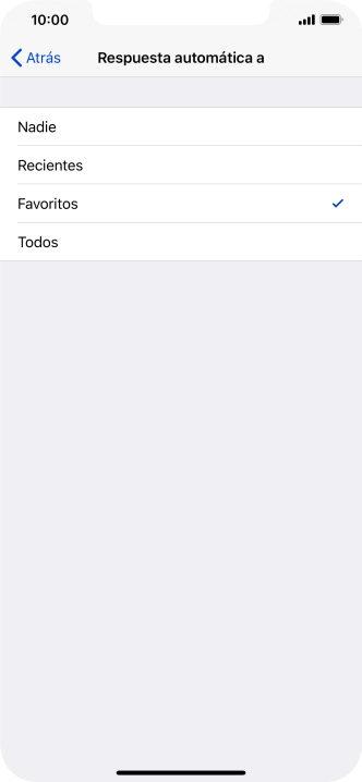 Pulsa el ajuste deseado para seleccionar qué contactos deben recibir un mensaje automático indicando que la función de 