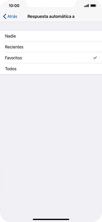 Pulsa el ajuste deseado para seleccionar qué contactos deben recibir un mensaje automático indicando que la función de 