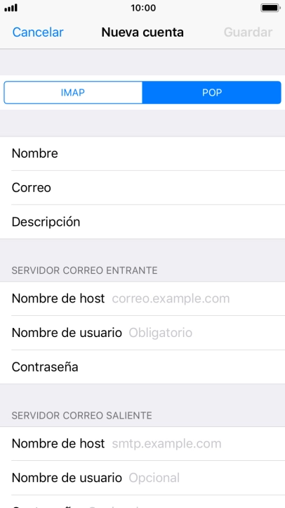Pulsa Nombre de host e introduce el nombre del servidor de correo de entrada de tu proveedor de correo electrónico.