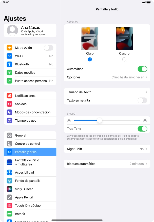 Si activas la función, pulsa Opciones y sigue las indicaciones de la pantalla para seleccionar el período de tiempo que debe durar el Modo Oscuro.