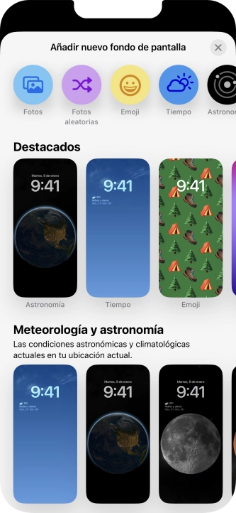 Pulsa una categoría y sigue las indicaciones de la pantalla para seleccionar la imagen de fondo deseada.