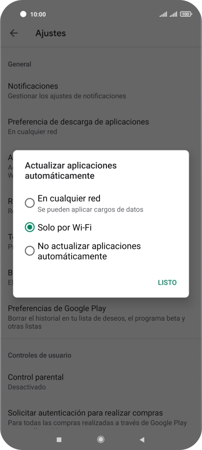 Para activar la actualización automática de apps utilizando la red móvil, pulsa En cualquier red.