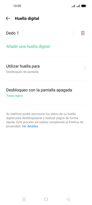 Pulsa el icono de eliminar junto a la huella digital que deseas borrar.