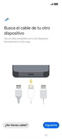 Si tienes un cable que pueda conectar ambos teléfonos, inserta el cable y sigue las instrucciones de la pantalla para transferir contenido a tu teléfono. Si no tienes un cable, pulsa ¿No tienes cable?.