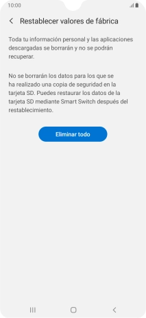 Pulsa Eliminar todo. Espera unos instantes mientras el teléfono restablece la configuración predeterminada. Sigue las indicaciones de la pantalla para configurar el teléfono y dejarlo listo para su uso.