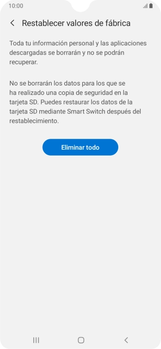 Pulsa Eliminar todo. Espera unos instantes mientras el teléfono restablece la configuración predeterminada. Sigue las indicaciones de la pantalla para configurar el teléfono y dejarlo listo para su uso.